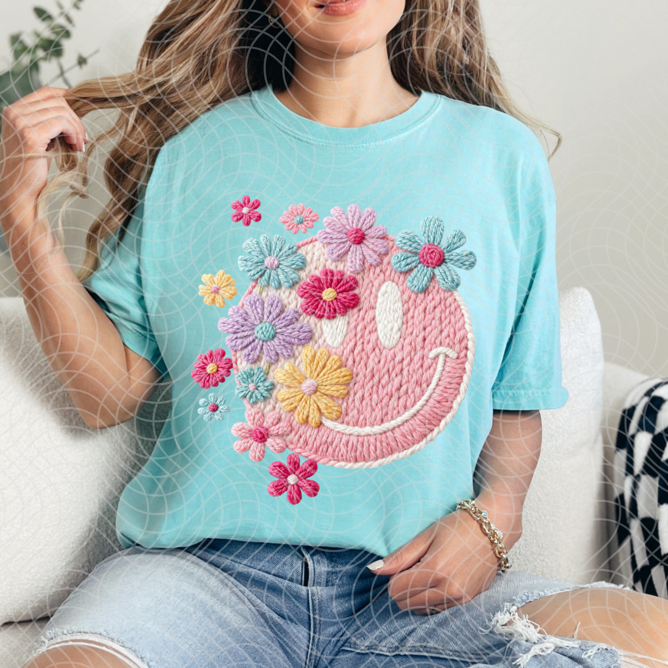 FAUX YARN SMILEY WITH FLOWERS - DTF TRANSFER