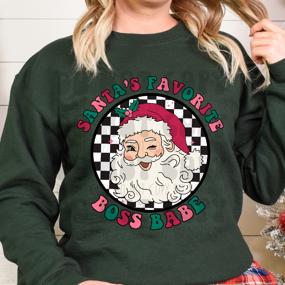 SANTA'S FAVORITE BOSS BABE SANTA - GREEN/RED/PINK - DTF TRANSFER