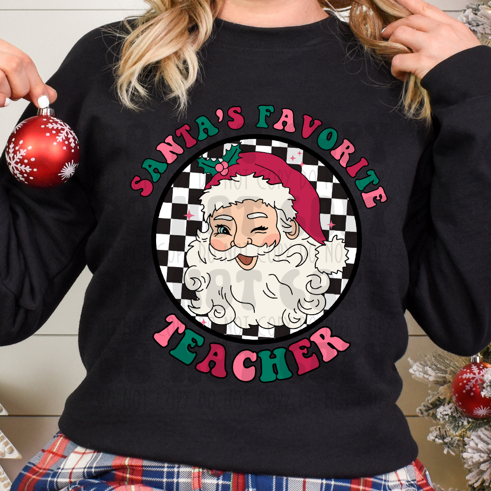 SANTA'S FAVORITE TEACHER SANTA - GREEN/RED/PINK - DTF TRANSFER
