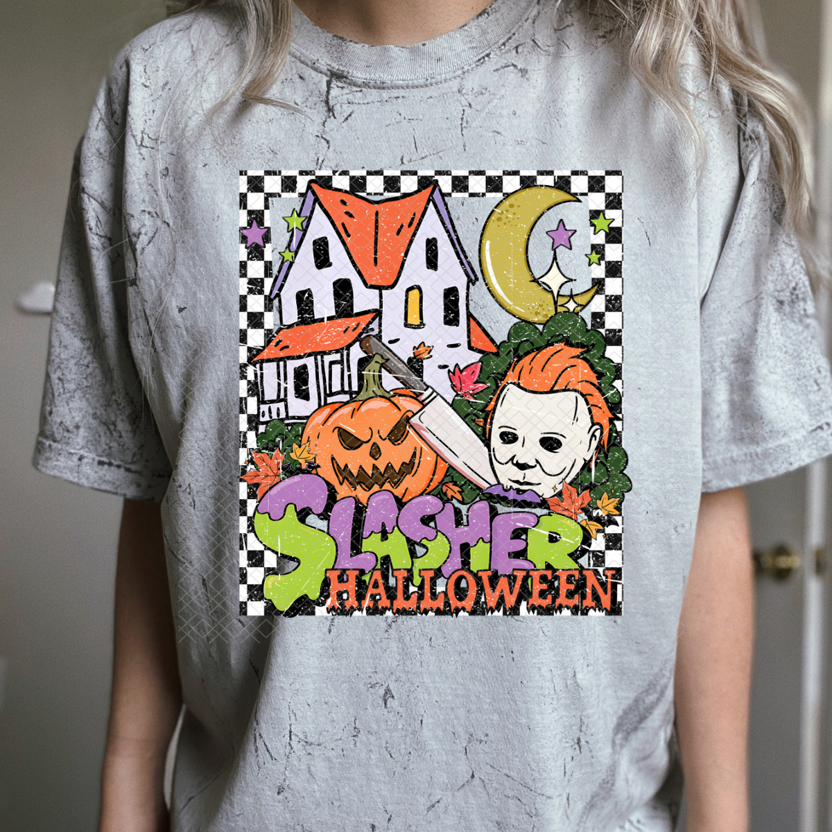 SLASHER HALLOWEEN CHECKER FRAME DISTRESSED - DTF TRANSFER