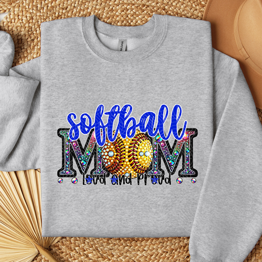 SOFTBALL MOM RHINESTONE BLUE - DTF TRANSFER