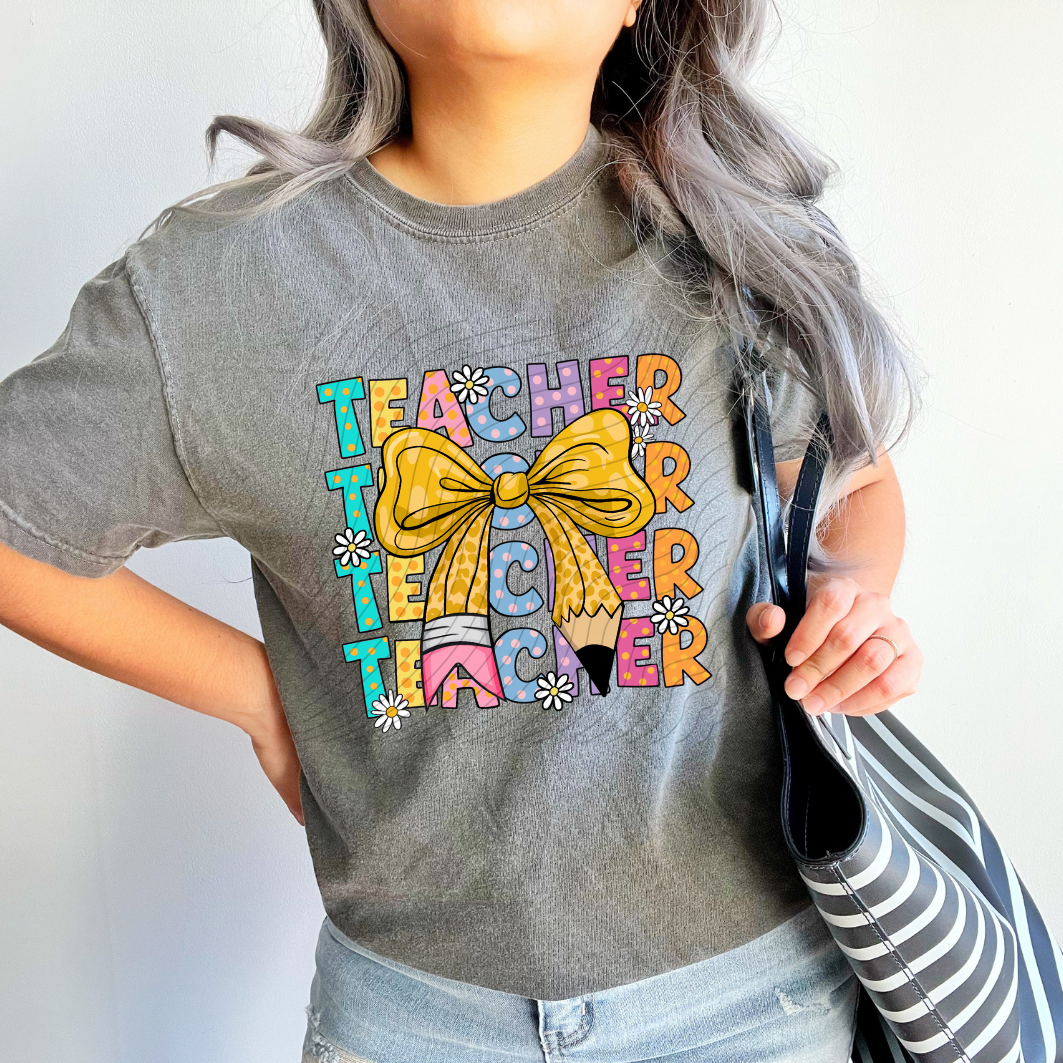 TEACHER STACKED BOW PENCIL AND FLOWERS - DTF TRANSFER