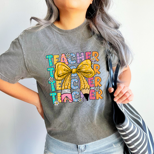 TEACHER STACKED BOW PENCIL AND FLOWERS - DTF TRANSFER