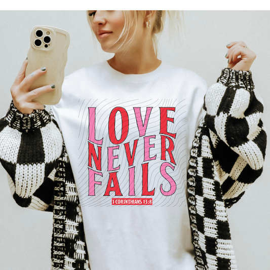LOVE NEVER FAILS, PINK AND RED - DTF TRANSFER