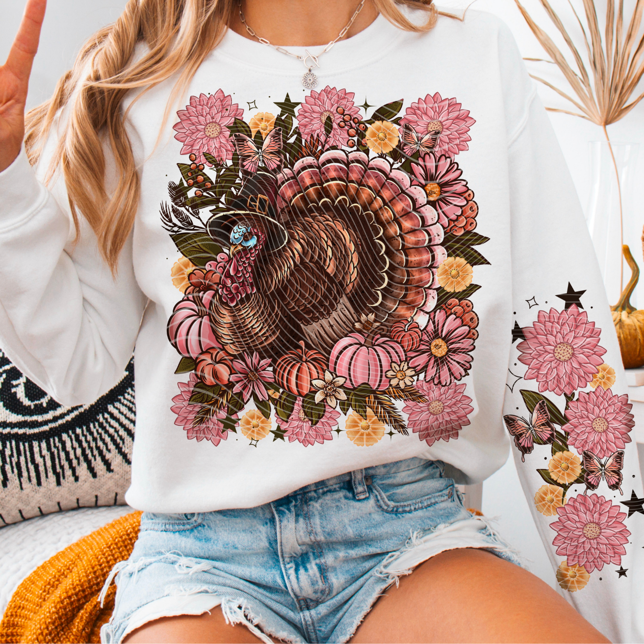 FLORAL TURKEY W/ SLEEVE - DTF TRANSFER