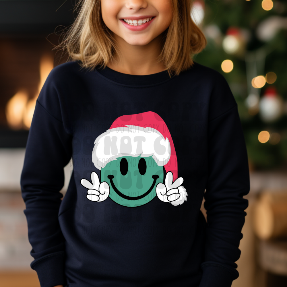 GREEN SMILEY SANTA HAT - PEACE HANDS - DTF TRANSFER