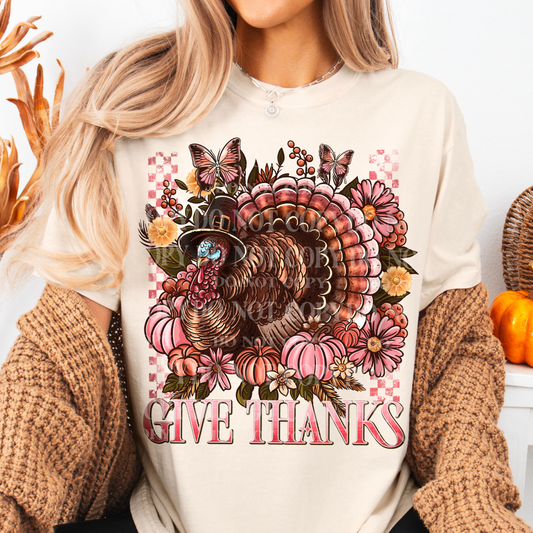 GIVE THANKS FLORAL TURKEY - DTF TRANSFER