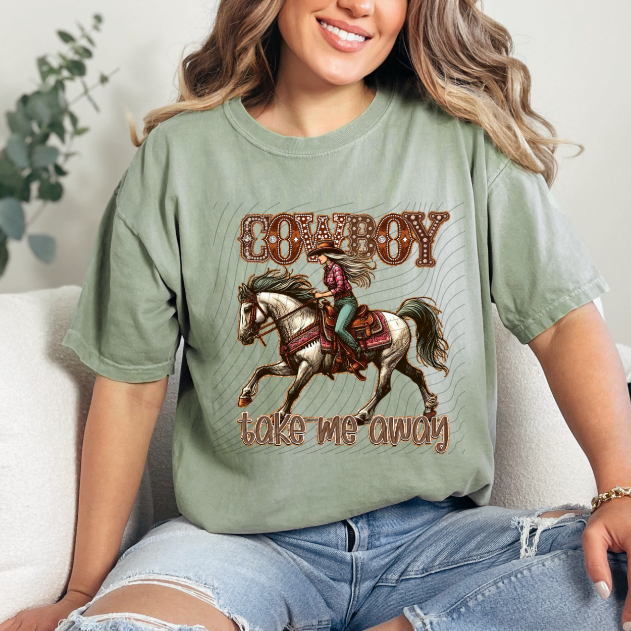 COWBOY TAKE ME AWAY BROWN RHINESTONE - DTF TRANSFER