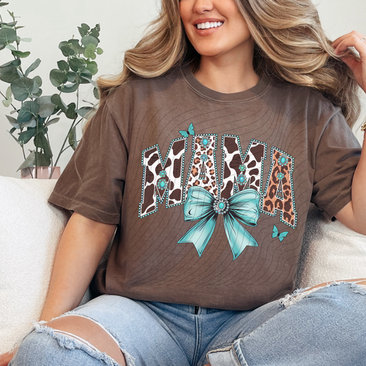 TURQUOISE AND COW PRINT MAMA - DTF TRANSFER