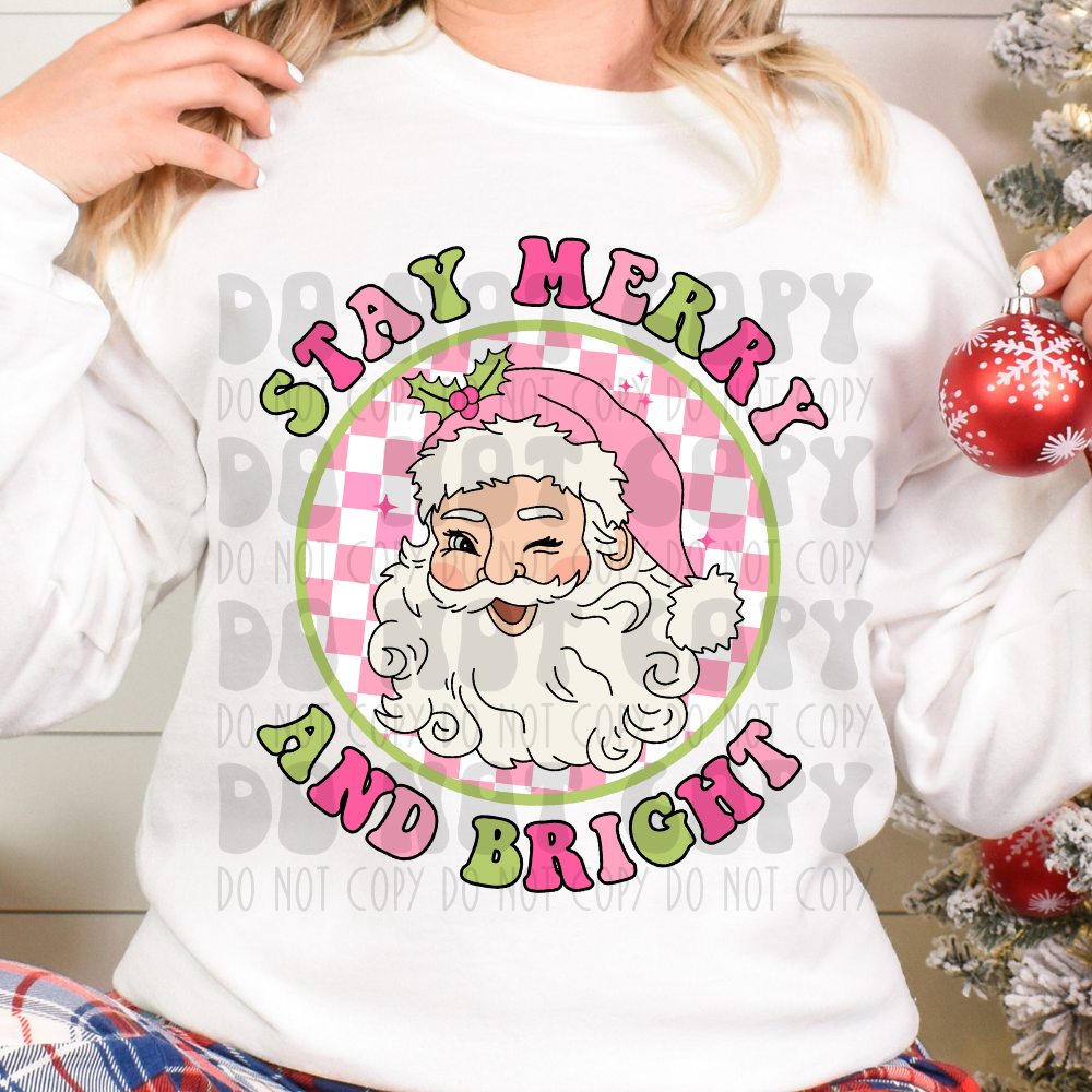 STAY MERRY AND BRIGHT SANTA - PINK/GREEN - DTF TRANSFER
