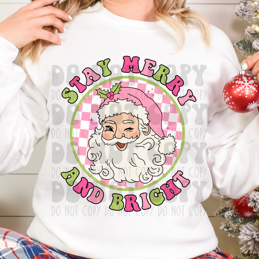 STAY MERRY AND BRIGHT SANTA - PINK/GREEN - DTF TRANSFER