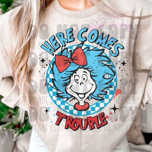 HERE COMES TROUBLE DISTRESSED - DTF TRANSFER