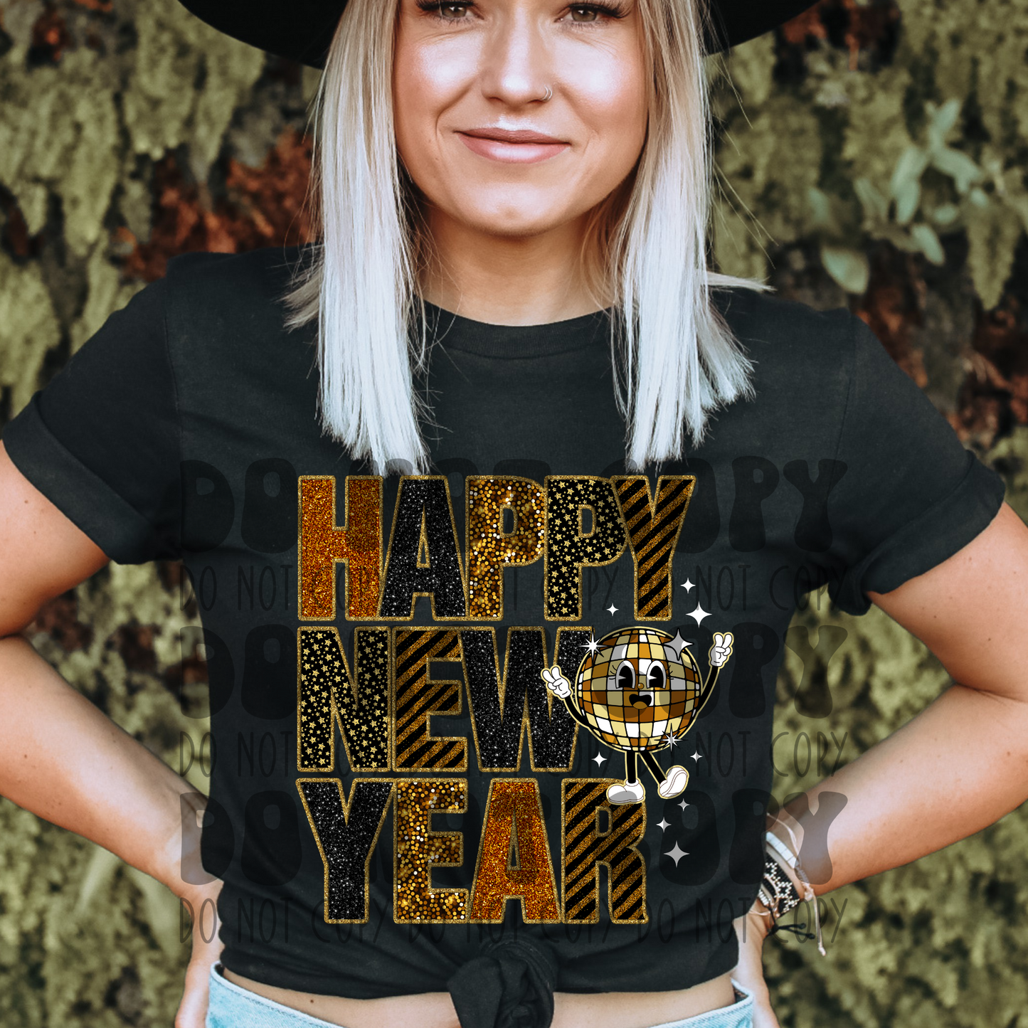 HAPPY NEW YEAR W/ WHT STARS - FAUX GLITTER - DTF TRANSFER