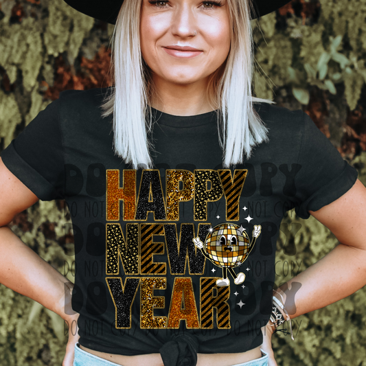 HAPPY NEW YEAR W/ WHT STARS - FAUX GLITTER - DTF TRANSFER
