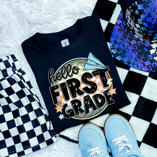 HELLO FIRST GRADE - BLUE/GREEN - DTF TRANSFER