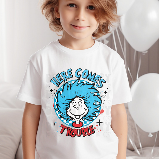 HERE COMES TROUBLE BOY DISTRESSED - DTF TRANSFER