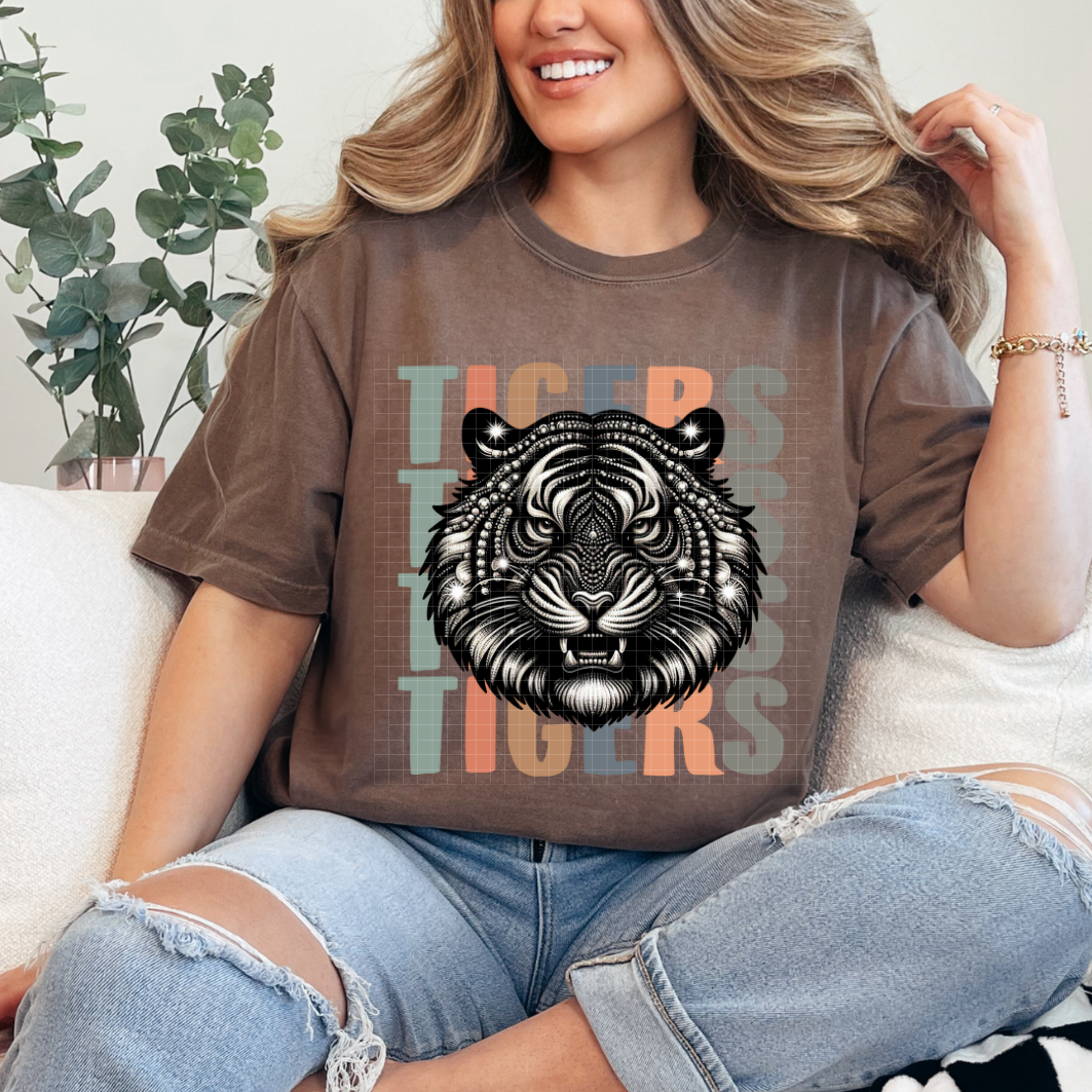 TIGERS STACKED RHINESTONES - DTF TRANSFER