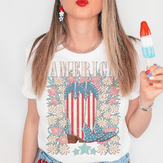 AMERICA STRIPED BOOTS & FLOWERS - DTF TRANSFER