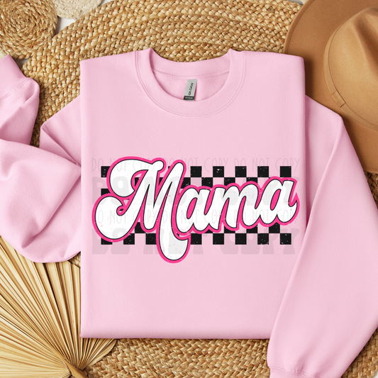 MAMA PINK OUTLINE CHECKERED BACKGROUND DISTRESSED - DTF TRANSFER
