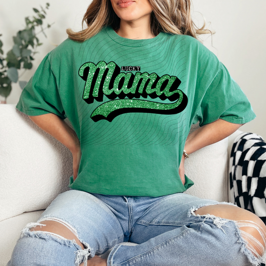 LUCKY MAMA FAUX GREEN GLITTER - DTF TRANSFER