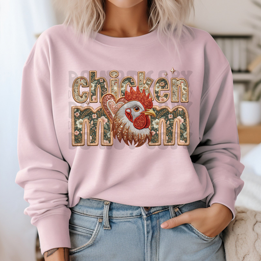 CHICKEN MOM FAUX EMBROIDERY & FAUX GLITTER - DTF TRANSFER