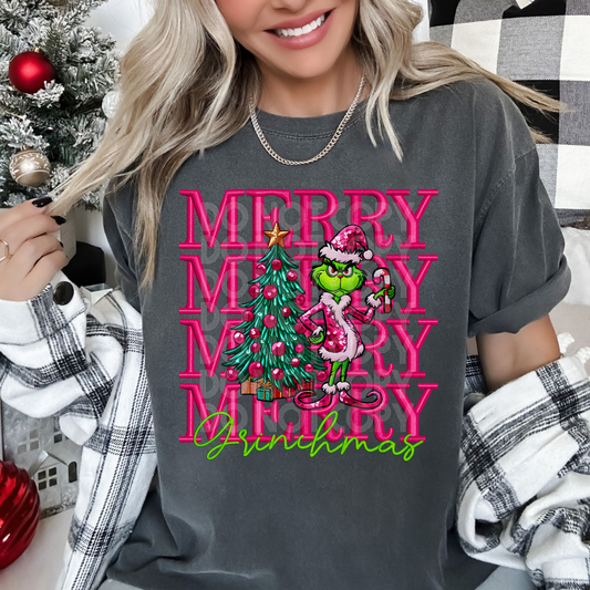 STACKED FAUX EMBROIDERY PINK MERRY GREEN GUY  - DTF TRANSFER
