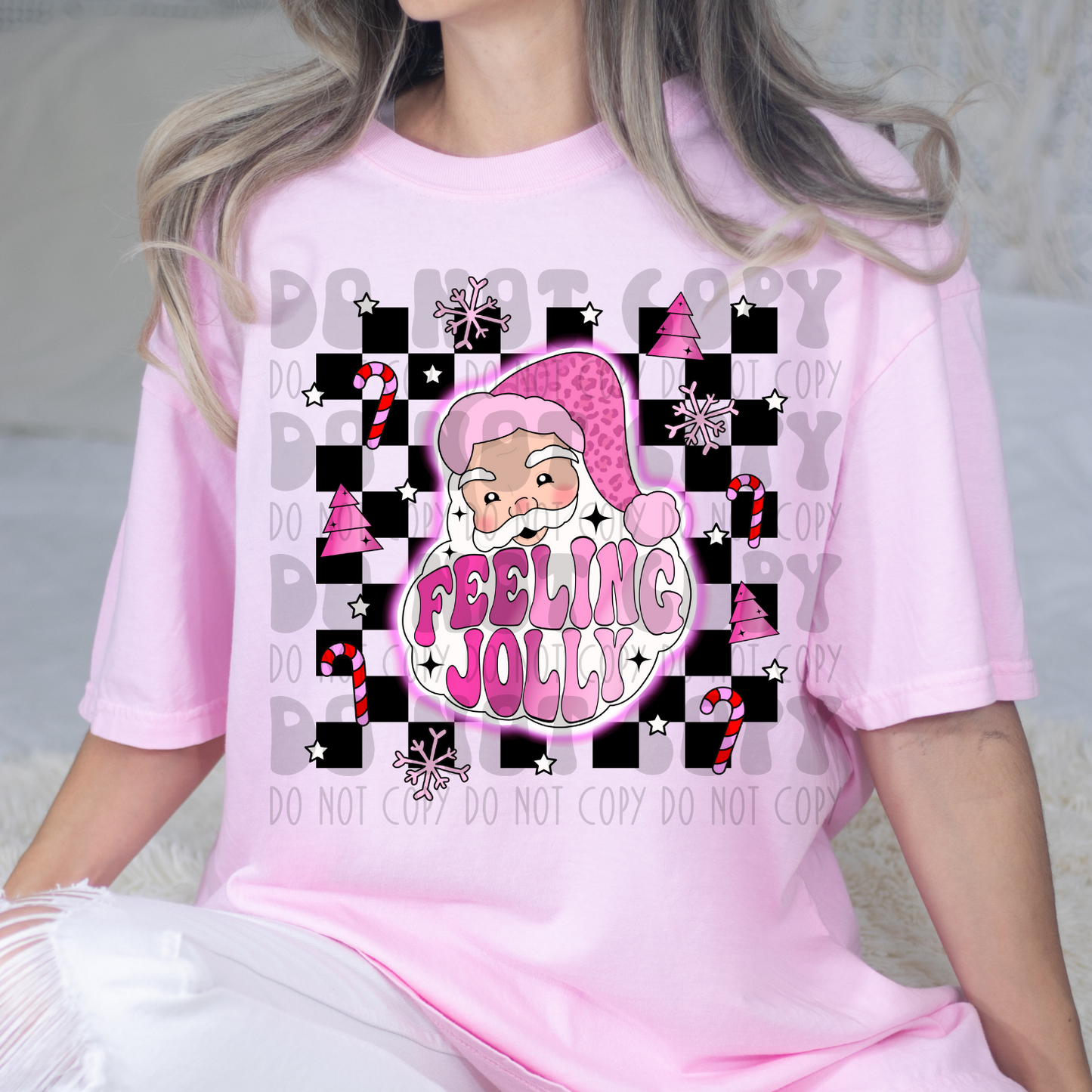 FEELING JOLLY PINK SANTA BLACK CHECKERED - DTF TRANSFER