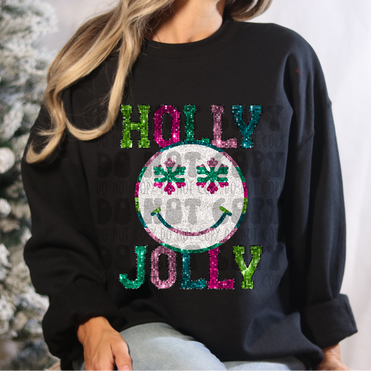 HOLLY JOLLY SMILEY - FAUX SEQUIN - DTF TRANSFER