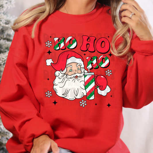 HOHOHO SANTA WITH CUP STRIPE RED/GREEN - DTF TRANSFER