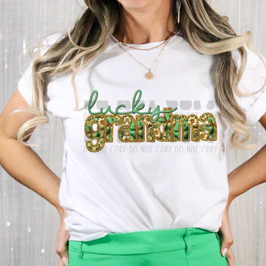 LUCKY GRANDMA GREEN FAUX EMBROIDERY - DTF TRANSFER
