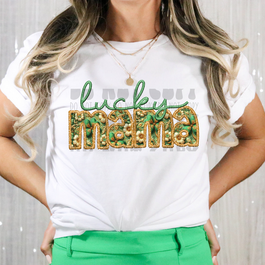 LUCKY MAMA GREEN FAUX EMBROIDERY - DTF TRANSFER