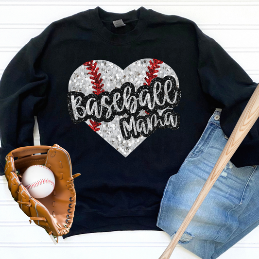 BASEBALL MAMA HEART FAUX GLITTER - DTF TRANSFER