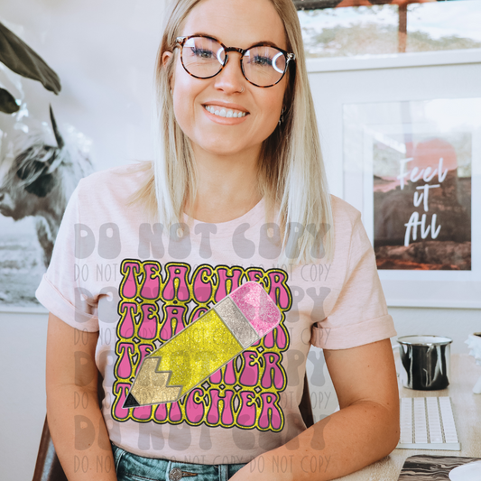 PINK STACKED TEACHER - FAUX SEQUINS - DTF TRANSFER