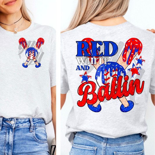 RED WHT BALLIN BASEBALL W/ POCKET - DTF TRANSFER