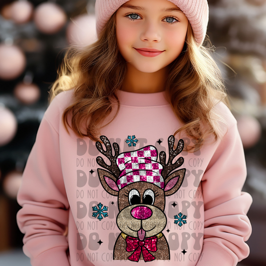REINDEER W/ PINK CHECKERED HAT - FAUX SEQUIN - DTF TRANSFER