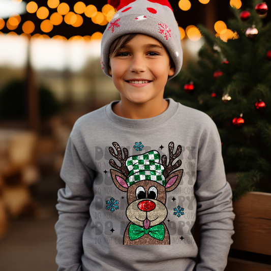 REINDEER W/ GREEN CHECKERED HAT - FAUX SEQUIN - DTF TRANSFER