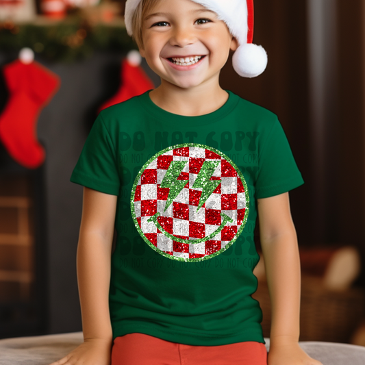 RED/GREEN CHECKERED SMILEY - FAUX SEQUIN - DTF TRANSFER