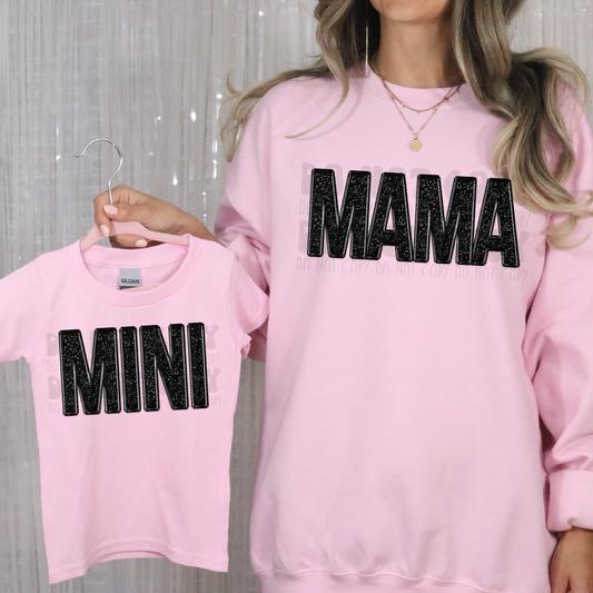 MAMA BLK FAUX EMBROIDERY AND FAUX GLITTER - DTF TRANSFER