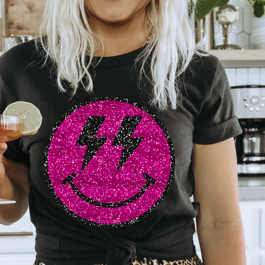 SMILEY W/ BOLT EYES FAUX GLITTER - DTF TRANSFER