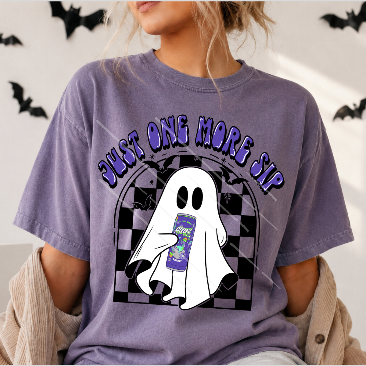 ONE MORE SIP PURPLE, CHECKERED BACKGROUND - DTF TRANSFER