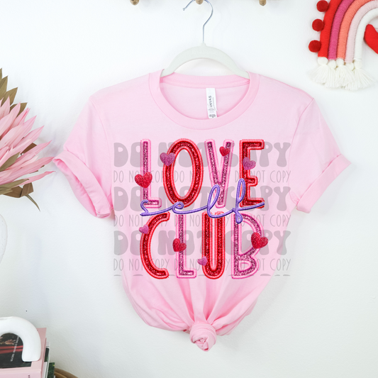 SELF LOVE CLUB FAUX EMBROIDERY & GLITTER - DTF TRANSFER