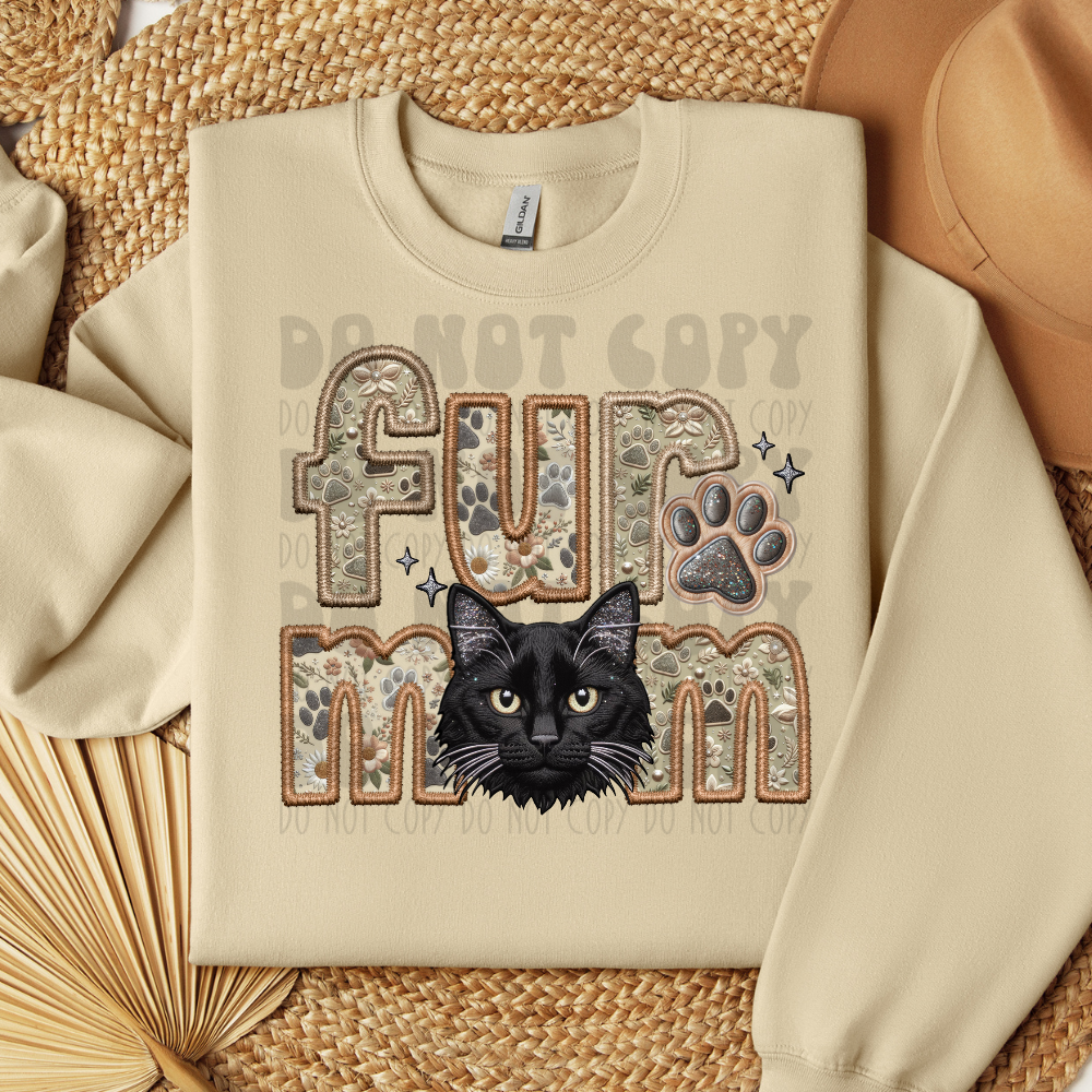 FUR MOM - BLACK CAT, LONG HAIR - FAUX EMBROIDERY - DTF TRANSFER
