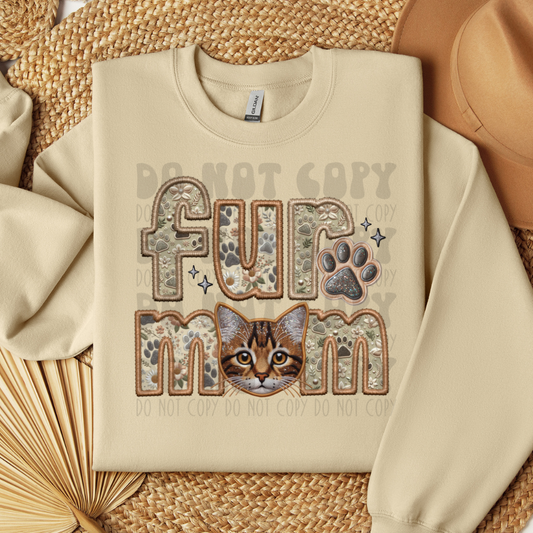 FUR MOM - BROWN TABBY - FAUX EMBROIDERY - DTF TRANSFER
