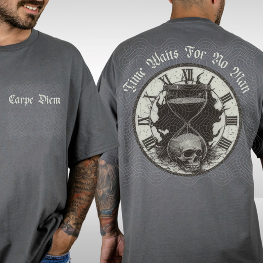 TIME WAITS FOR NO MAN WHT W/ POCKET - DTF TRANSFER