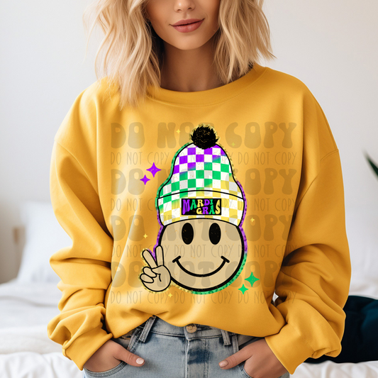 MARDI GRAS BEANIE SMILEY DISTRESSED - DTF TRANSFER