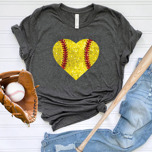 SOFTBALL HEART, NO WORDS FAUX GLITTER - DTF TRANSFER