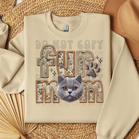FUR MOM - GREY CAT - FAUX EMBROIDERY - DTF TRANSFER