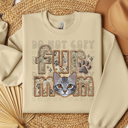 FUR MOM - GREY TABBY - FAUX EMBROIDERY - DTF TRANSFER