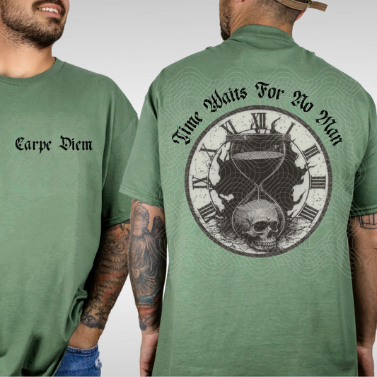 TIME WAITS FOR NO MAN BLK W/ POCKET - DTF TRANSFER