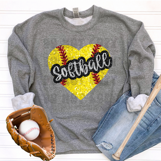 SOFTBALL HEART FAUX GLITTER - DTF TRANSFER